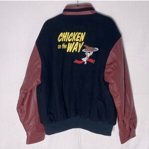 Vintage Chicken On The Way Wool Bomber With Leather Sleeves And Trim XL